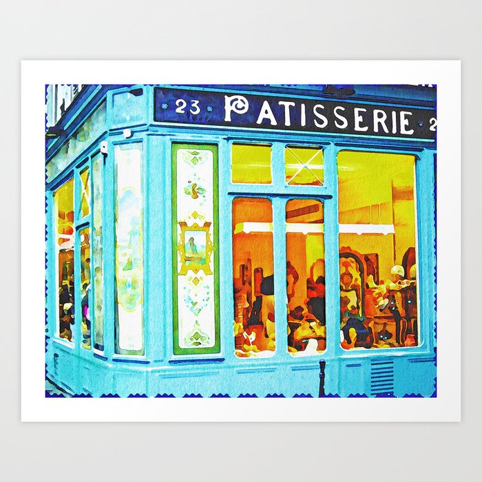 French Patisserie Murais Jewish Paris Cafe street sceen watercolor colorful portrait painting Art Print