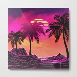 Pink vaporwave landscape with rocks and palms Metal Print