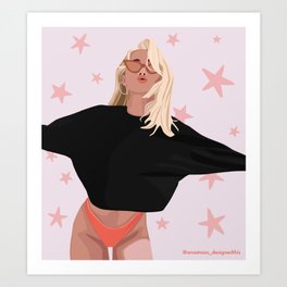 Sunkissed Art Print | Pink, Bathingsuit, Lips, Aesthetic, Sunglasses, Vacation, Girly, Stars, Bikini, Groovy 