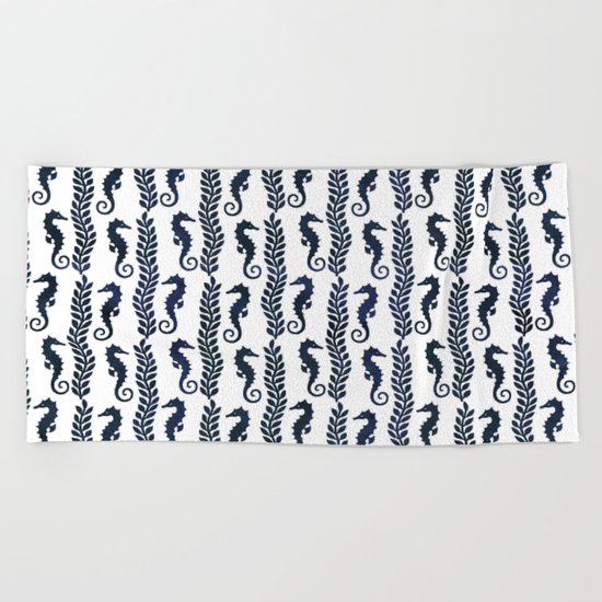 Navy blue and white maritime seahorse pattern Beach Towel