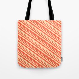 [ Thumbnail: Tan and Red Colored Striped/Lined Pattern Tote Bag ]