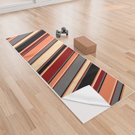 [ Thumbnail: Eye-catching Dim Grey, Dark Red, Tan, Coral, and Black Colored Striped Pattern Yoga Towel ]