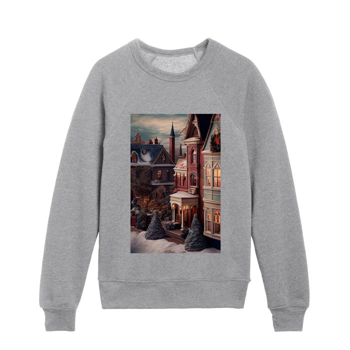 Idyllic storybook Victorian cottage and Queen Anne village winter nightscene landscape painting by Prompart Kids Crewneck