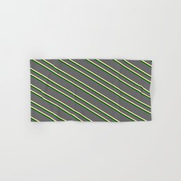 [ Thumbnail: Dim Grey, Beige & Dark Green Colored Striped/Lined Pattern Hand & Bath Towel ]