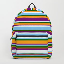 [ Thumbnail: Eyecatching Orange, Purple, Mint Cream, Light Sky Blue & Dark Green Colored Stripes/Lines Pattern Backpack ]