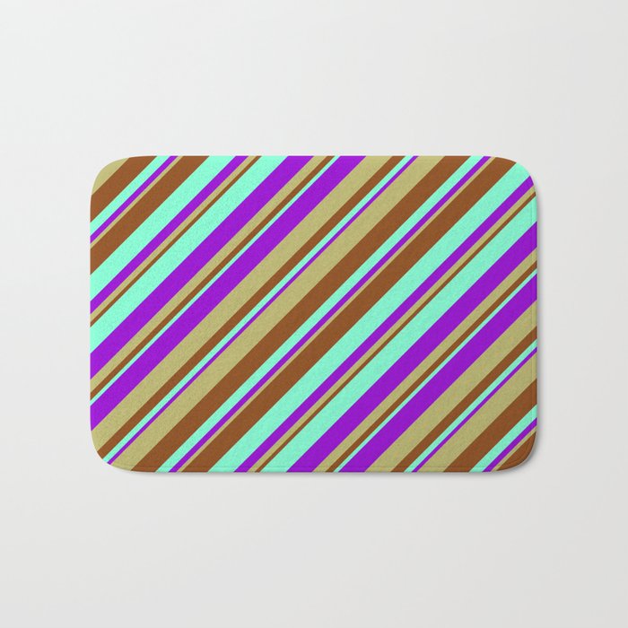Aquamarine, Dark Violet, Dark Khaki, and Brown Colored Stripes/Lines Pattern Bath Mat