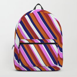 [ Thumbnail: Eyecatching Chocolate, Midnight Blue, Mint Cream, Violet & Brown Colored Lines Pattern Backpack ]