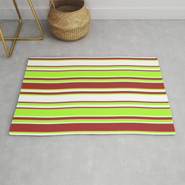 [ Thumbnail: Brown, Light Green & White Colored Lined Pattern Rug ]