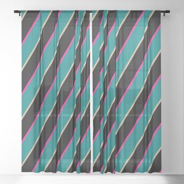 [ Thumbnail: Deep Pink, Teal, Tan, and Black Colored Stripes/Lines Pattern Sheer Curtain ]