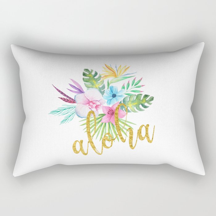 Hawaiian multicolored floral bouquet with faux gold aloha brush script Rectangular Pillow