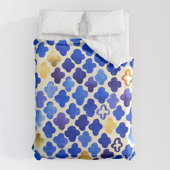 Rustic Watercolor Moroccan In Royal, Royal Blue And Gold Duvet Cover