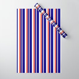 [ Thumbnail: Red, White, and Dark Blue Colored Stripes Pattern Wrapping Paper ]