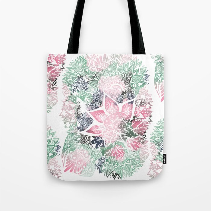 Hand drawn floral mandala pink green garden spring pattern Tote Bag