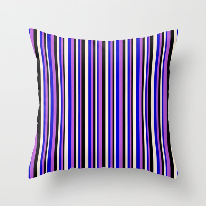 Orchid, Blue, Beige & Black Colored Lines Pattern Throw Pillow