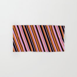 [ Thumbnail: Plum, Chocolate, and Black Colored Lines/Stripes Pattern Hand & Bath Towel ]