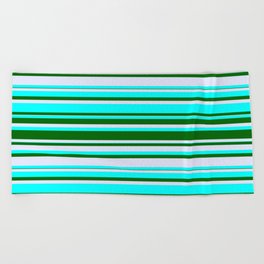 [ Thumbnail: Cyan, Dark Green & Lavender Colored Lined/Striped Pattern Beach Towel ]