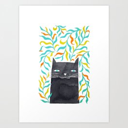 gray cat with blue, yellow and orange leaves Art Print