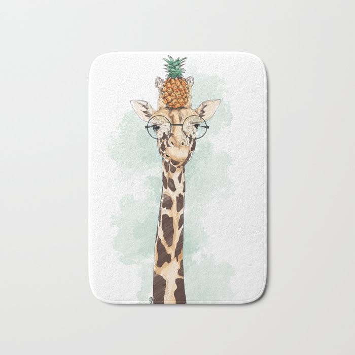 Intelectual Giraffe with a pineapple on head Bath Mat