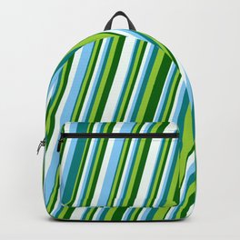 [ Thumbnail: Light Sky Blue, Teal, Green, Dark Green, and Mint Cream Colored Striped Pattern Backpack ]