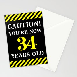 [ Thumbnail: 34th Birthday - Warning Stripes and Stencil Style Text Stationery Cards ]