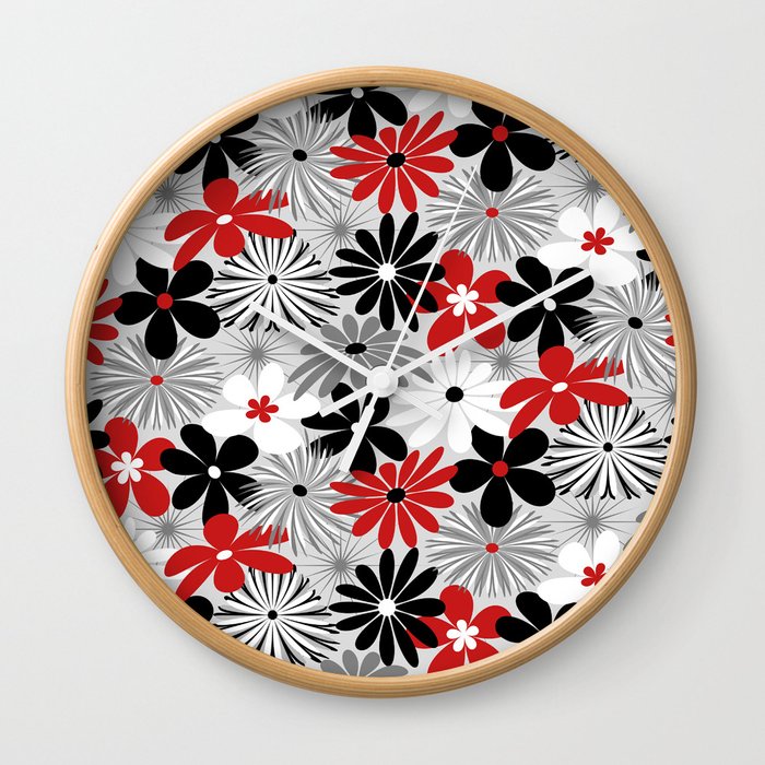 Funky Flowers in Red, Gray, Black and White Wall Clock