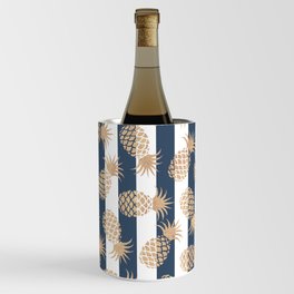 Nautical modern navy blue white stripes blush beige pineapple Wine Chiller