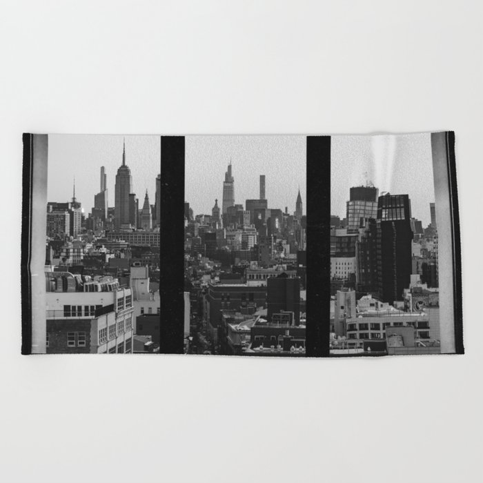 New York City Window | Black and White Surreal Manhattan Views Beach Towel