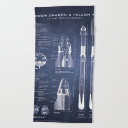 NASA SpaceX Crew Dragon Spacecraft & Falcon 9 Rocket Blueprint in High Resolution (dark blue) Beach Towel