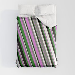 [ Thumbnail: Colorful Gray, Violet, Forest Green, Black & White Colored Striped Pattern Comforter ]