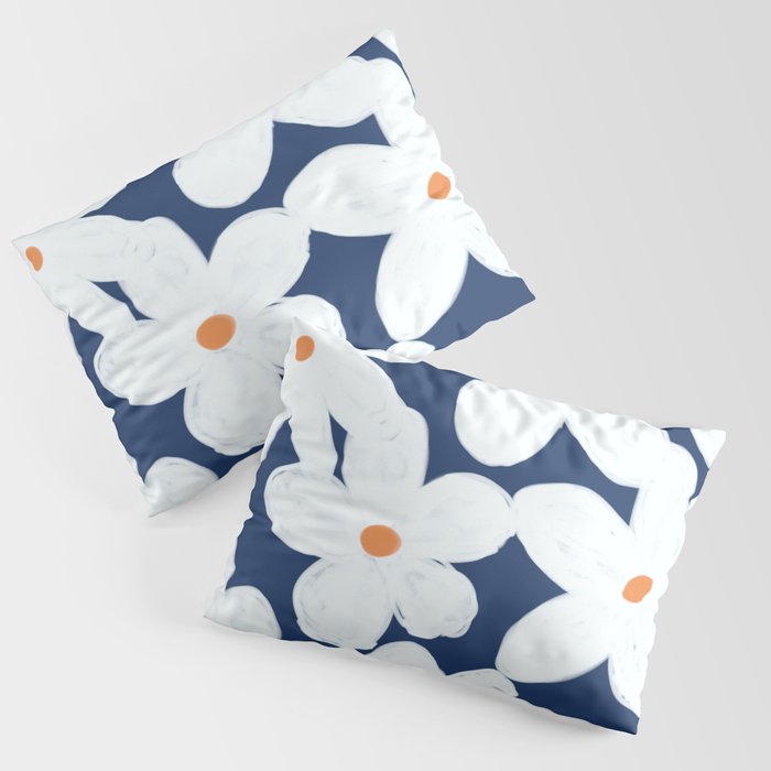 Eclectic Chamomile Wildflowers on Dark Blue Pillow Sham