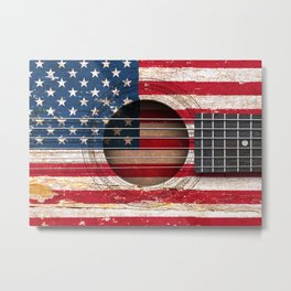 Old Vintage Acoustic Guitar with American Flag Metal Print