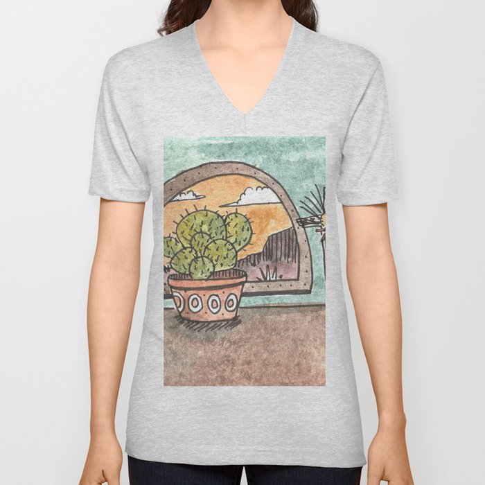 New Mexico Sunset With Cactus & Cross V Neck T Shirt