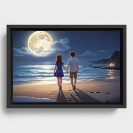 Lovely couple are at beach in full moon night on Valentines day Framed Canvas