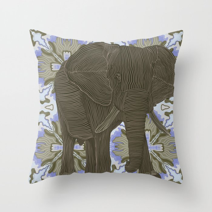 Majestic African elephant on brown and purple patterned background Throw Pillow