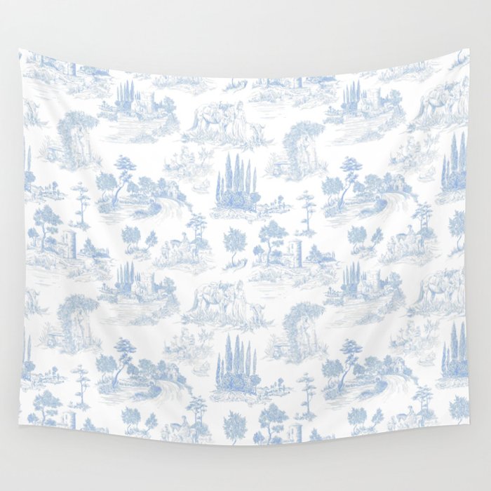 Toile de Jouy French Vintage Baby Blue White Wall Tapestry by Archipelago Society6