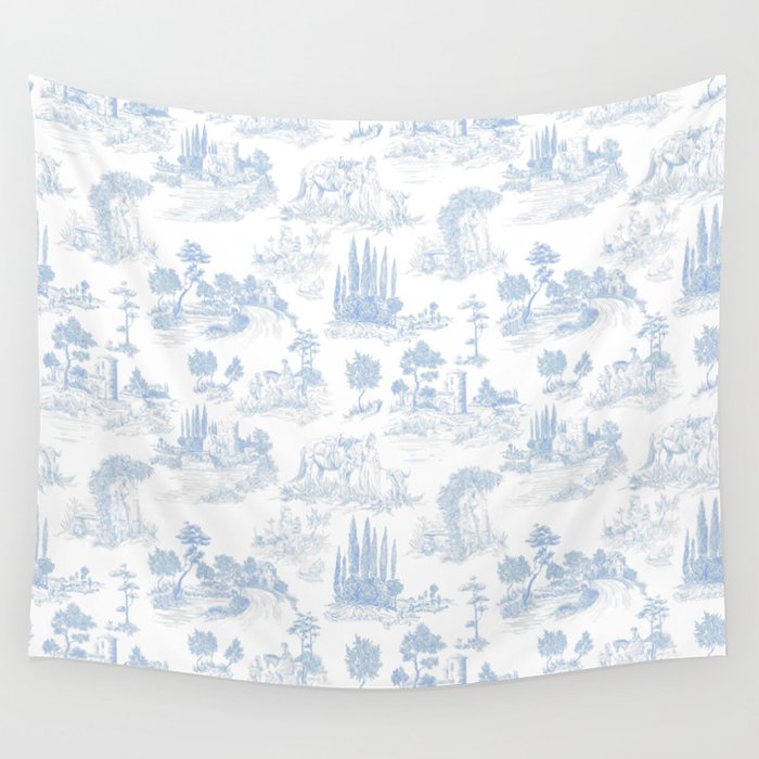 Toile de Jouy French Vintage Baby Blue & White Wall Tapestry