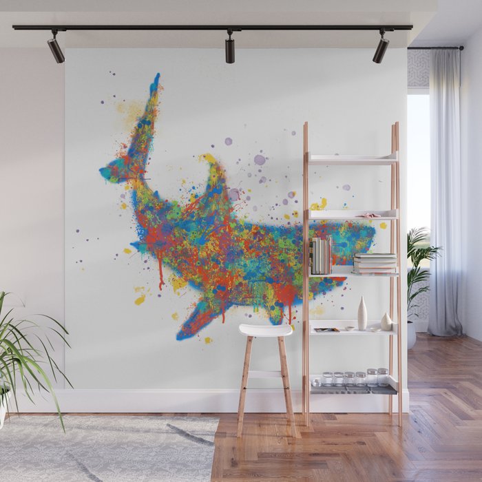 Splatter Paint Great White Shark Wall Mural By Trinitybennett