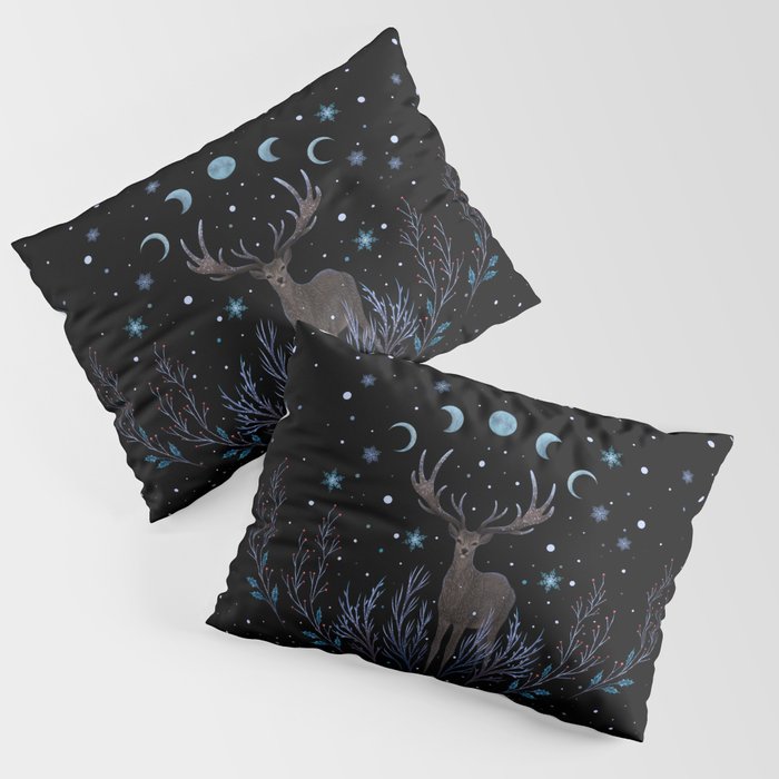 Deer in Winter Night Forest Pillow Sham