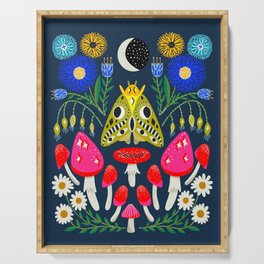 Moth Moon - moon art, witchy art, mushroom art, magic mushrooms, groovy art, daisies Serving Tray