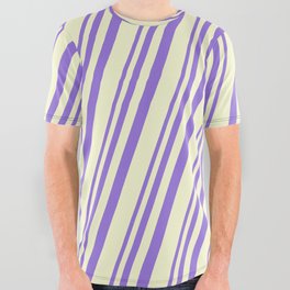 [ Thumbnail: Purple & Light Yellow Colored Stripes Pattern All Over Graphic Tee ]