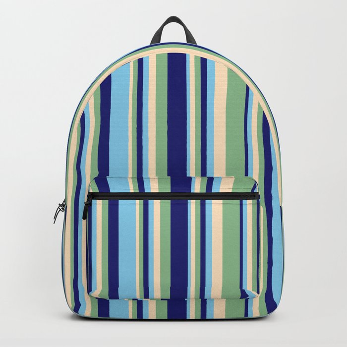 Bisque, Dark Sea Green, Midnight Blue, and Sky Blue Colored Stripes Pattern Backpack