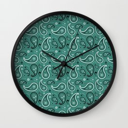 Black and White Paisley Pattern on Green Blue Background Wall Clock