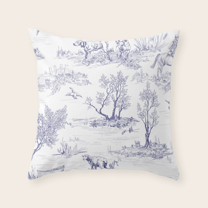 Toile de Jouy Vintage French Navy Blue White Pattern Throw Pillow by