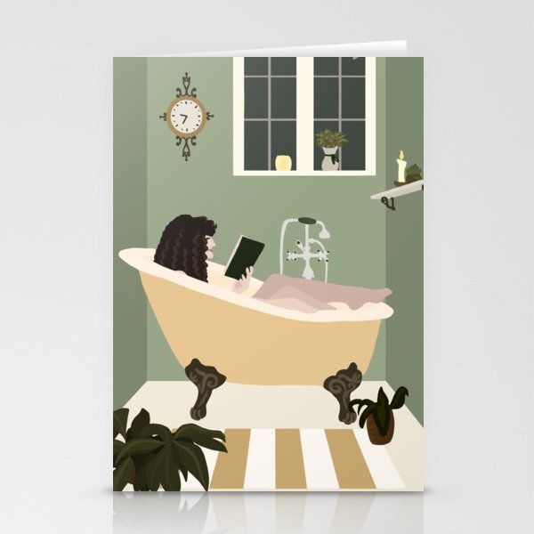 SAGE BATHROOM Woman Reading Bathtub Relaxation Stationery Cards
