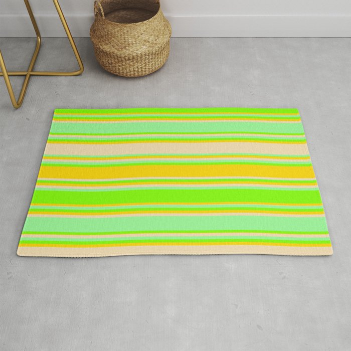 Green, Chartreuse, Yellow & Tan Colored Stripes/Lines Pattern Rug