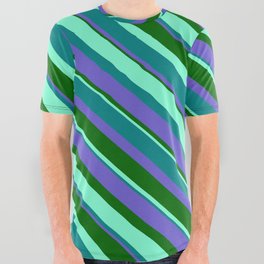 [ Thumbnail: Aquamarine, Teal, Slate Blue, and Dark Green Colored Striped Pattern All Over Graphic Tee ]