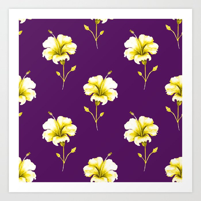 Yellow Hibiscus Pattern on Dark Background Art Print