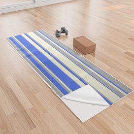 [ Thumbnail: Beige, Dark Grey & Royal Blue Colored Pattern of Stripes Yoga Towel ]