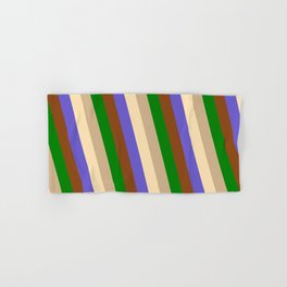 [ Thumbnail: Eye-catching Brown, Green, Tan, Beige & Slate Blue Colored Pattern of Stripes Hand & Bath Towel ]