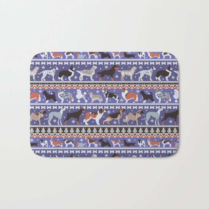 Fluffy and bright fair isle knitting doggie friends // very peri Pantone color of the year 2022 and victoria blue background brown orange white and grey dog breeds  Bath Mat